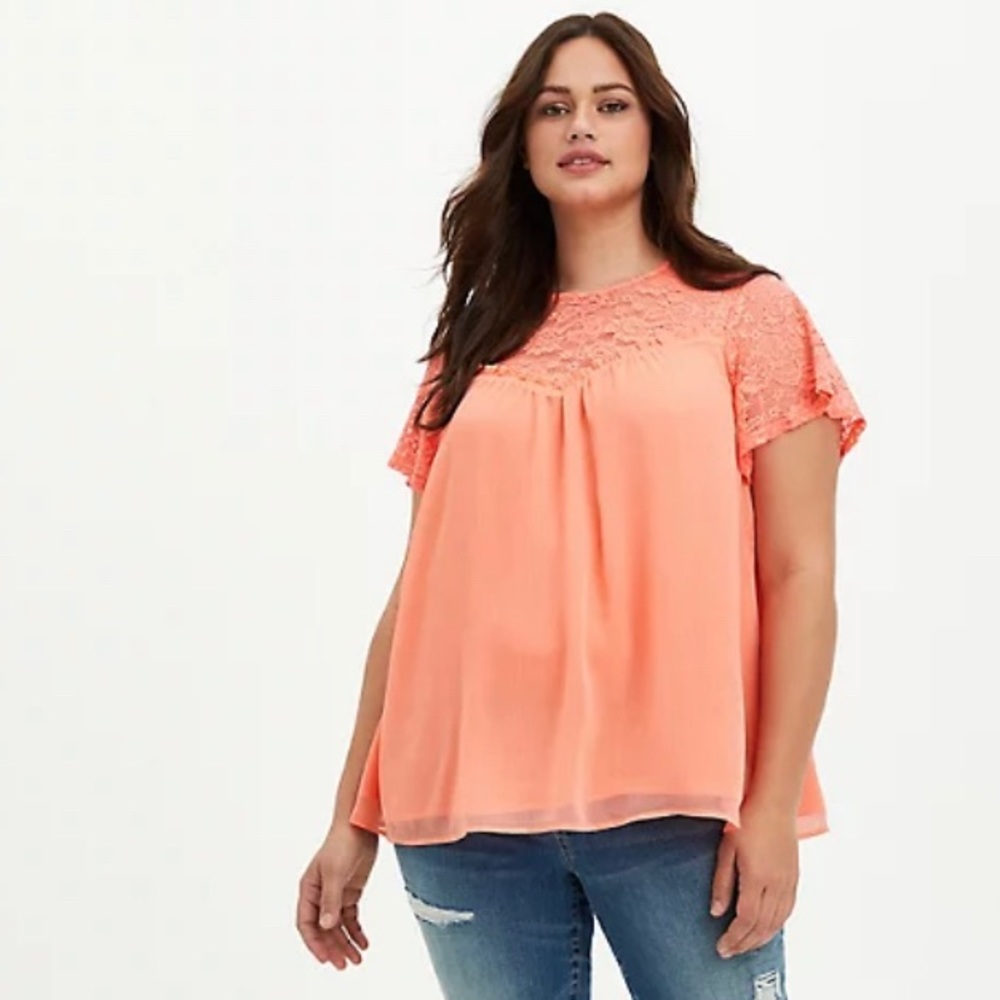 Torrid Coral Crinkle Chiffon Lace Blouse